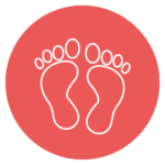 pictogramme représentant des empreintes de pied sur fond rouge